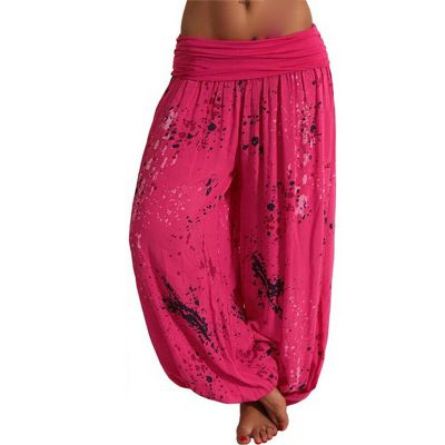 Maiyifu-GJ Women's Printed Wide Leg Palazzo Pants Loose Fit Casual Beach Harem Trousers Summer Soft Baggy Lounge Pant (Rose Red,3X-Large)