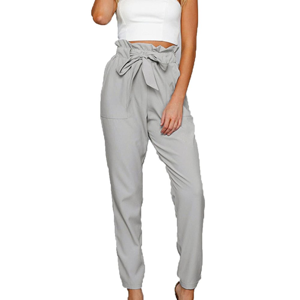 Maiyifu-GJ Women's Paper Bag Belted Pencil Pants Casual Slim Fit Self Tie Office Trouser High Elastic Waist Solid Comfy Pant (Grey,XX-Large)