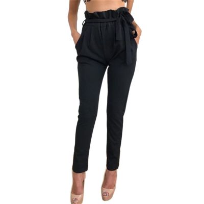 Maiyifu-GJ Women's High Waist Belted Pencil Pants Solid Color Comfy Paper Bag Pant Casual Slim Fit Self Tie Office Trouser (Black,XX-Large)