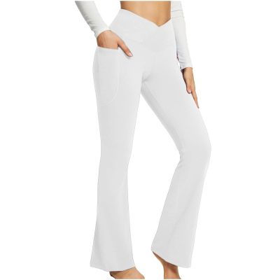 asntrgd Yoga Pants with Pockets for Women Casual V Cross High Waist Butt Lifting Pants Wide Leg Flare Bootcut Leggings