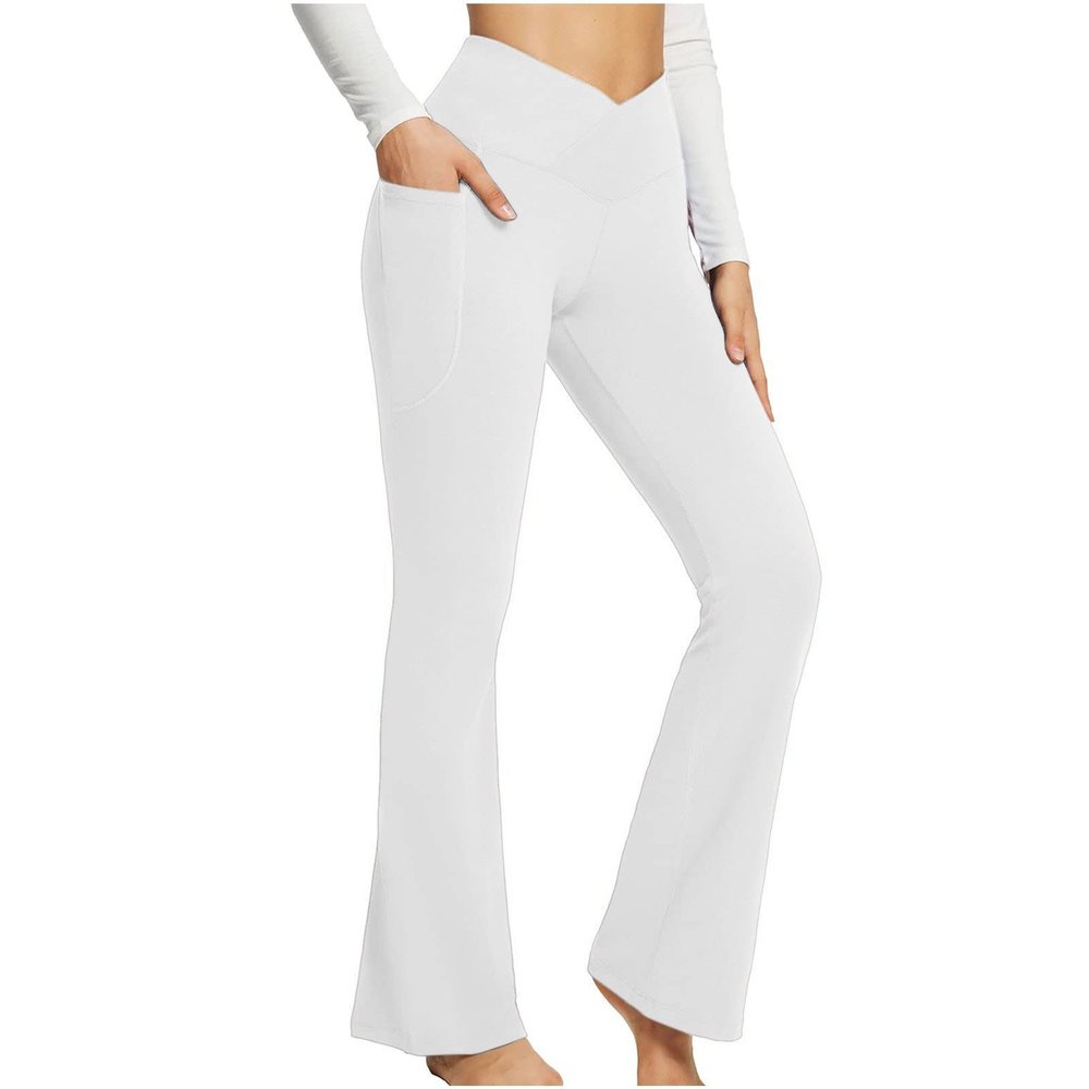 asntrgd Yoga Pants with Pockets for Women Casual V Cross High Waist Butt Lifting Pants Wide Leg Flare Bootcut Leggings