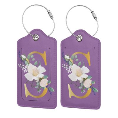 2 PCS Flower Letter S Luggage Tag for Suitcases Leather Travel Cruise Luggage Tags with Stainless Steel Loop Privacy Cover Id Label Suitcase Tags Purple