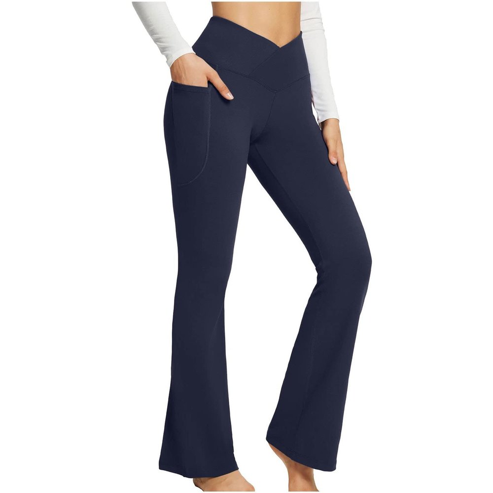 asntrgd Yoga Pants with Pockets for Women Casual V Cross High Waist Butt Lifting Pants Wide Leg Flare Bootcut Leggings