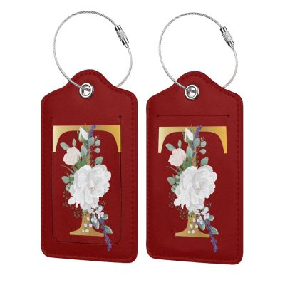 2 PCS Flower Letter T Luggage Tag for Suitcases Leather Travel Cruise Luggage Tags with Stainless Steel Loop Privacy Cover Id Label Suitcase Tags Red