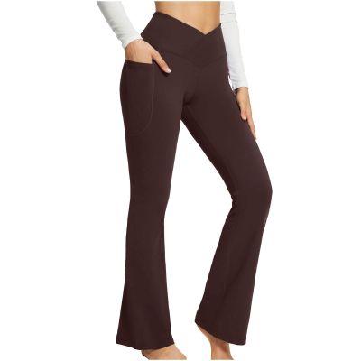 asntrgd Yoga Pants with Pockets for Women Casual V Cross High Waist Butt Lifting Pants Wide Leg Flare Bootcut Leggings
