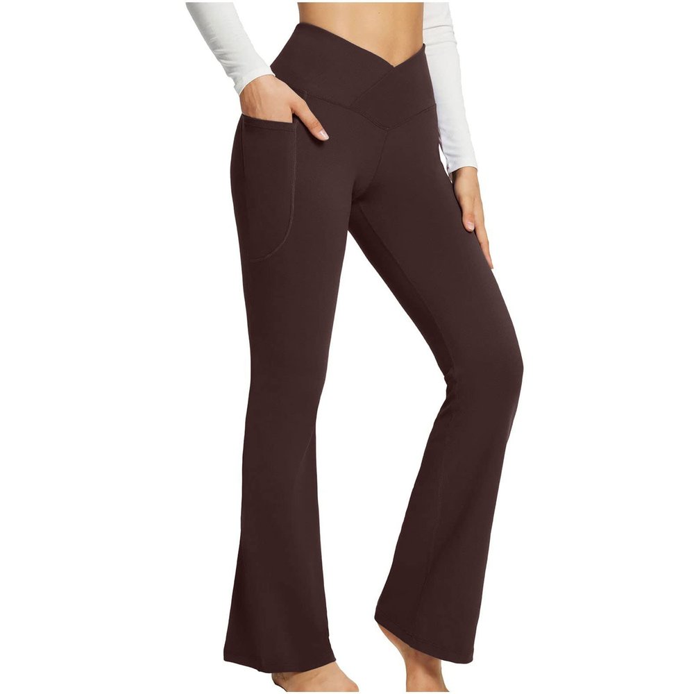 asntrgd Yoga Pants with Pockets for Women Casual V Cross High Waist Butt Lifting Pants Wide Leg Flare Bootcut Leggings