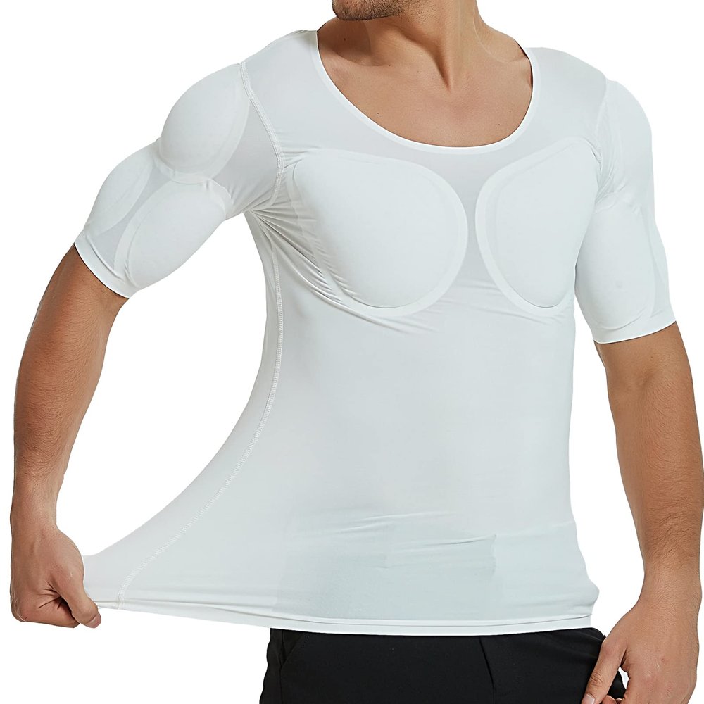 WYGWBD Men's Fake Muscle Shirt for Adult Padded Chest Shoulder Pads Vest for Muscle Invisible Breathable Underwear,White,M