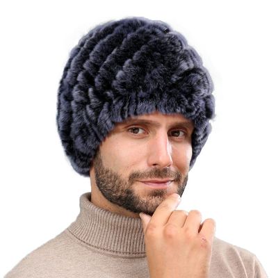 Men's Real Rabbit Fur Hat Scarf Thicken Winter Warm Knitted Cap Collar Fashion (Bao Blue Only Hat)