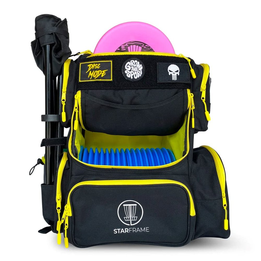 STAR FRAME Bandido Disc Golf Bag With Cooler | 30+ Disc Frisbee Golf Backpack | 4-Can Insulated Cooler | Light Durable Black & Yellow Men Women Disc Golf Bag | Huge Storage & Retriever Holder