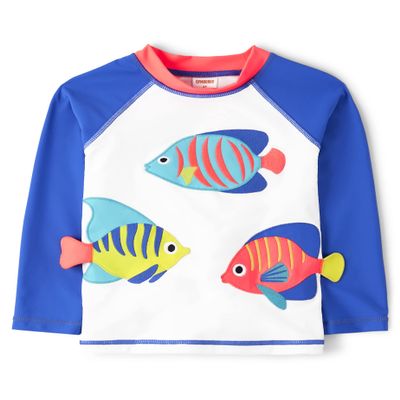 Gymboree,Boys,and Toddler Embroidered Long Sleeve Rashguard,White/Blue Fish,12-18 Months