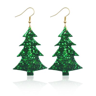 Christmas Glitter Faux Leather Drop Dangle Earrings Christmas Tree Snowflake Elk Glitter Leaf Layered Teardrop Earrings for Women Jewelry Christmas Costumes Accessories-green tree