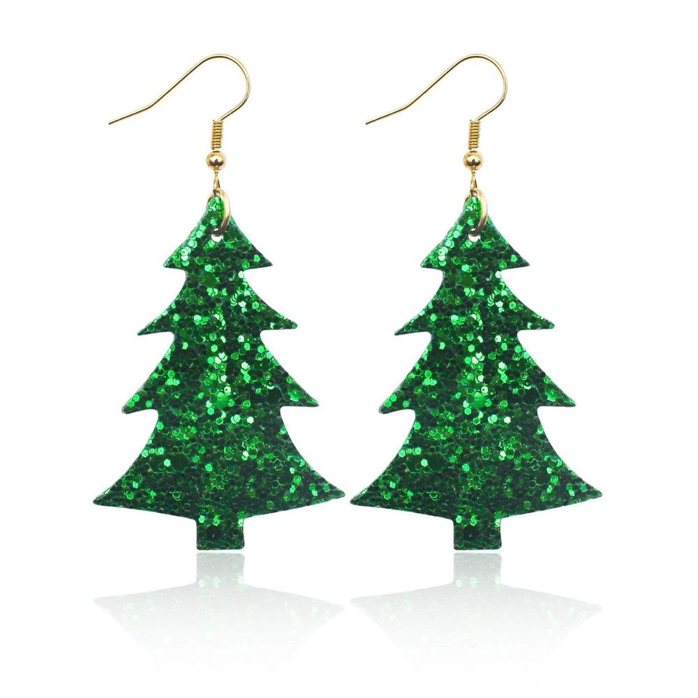 Christmas Glitter Faux Leather Drop Dangle Earrings Christmas Tree Snowflake Elk Glitter Leaf Layered Teardrop Earrings for Women Jewelry Christmas Costumes Accessories-green tree