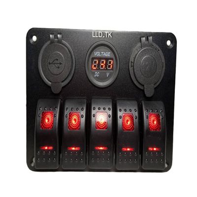 5 Gang Rocker Toggle Switch Panel Aluminum Waterproof Led Car Truck Marine Boat RV Camper Digital Voltmeter Display Dual USB Volt Socket 12V 24V