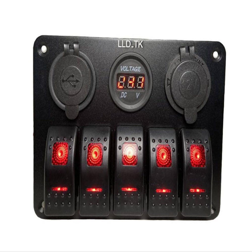 5 Gang Rocker Toggle Switch Panel Aluminum Waterproof Led Car Truck Marine Boat RV Camper Digital Voltmeter Display Dual USB Volt Socket 12V 24V