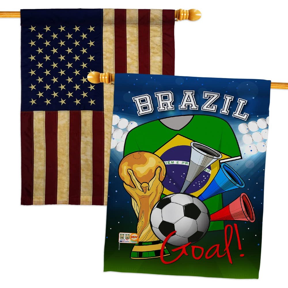 FIFA World Cup Brazilian Flags American Flag Banner Pack Patio Lawn Garden Patriotic Outdoor Decorations Indoor Tapestry Yard Signs Sports Fan Team Qatar Trophy Soccer Game Football Gifts Made In USA