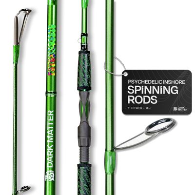 Dark Matter Psychedelic Inshore 7 Foot Spinning Rods - Green - Medium Heavy Spinning Rod, Fast Action Inshore Saltwater Fishing Rod, Carbon Fiber Fishing Rods with Fuji K Series Alconite Guides