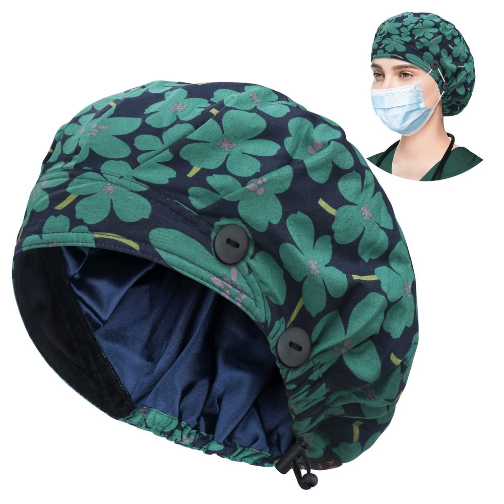 ABAMERICA Bouffant Caps with Button and Sweatband, Adjustable Scrub Caps for Women Men, Satin Layer