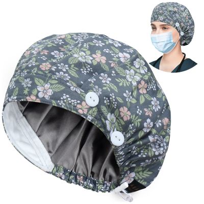ABAMERICA Bouffant Caps with Button and Sweatband, Adjustable Scrub Caps for Women Men, Satin Layer