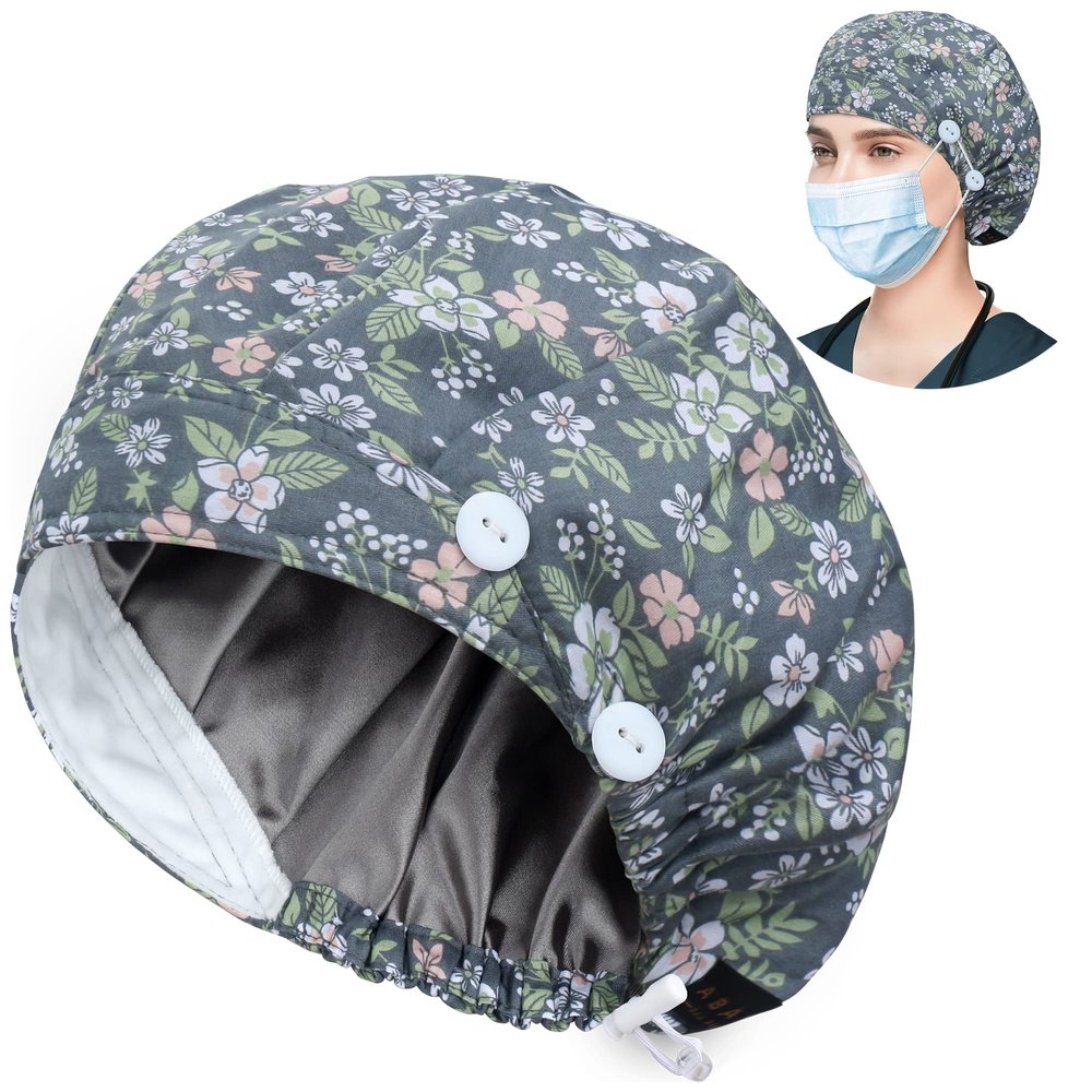 ABAMERICA Bouffant Caps with Button and Sweatband, Adjustable Scrub Caps for Women Men, Satin Layer