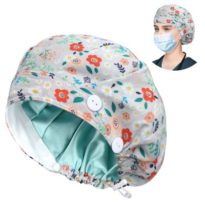 ABAMERICA Bouffant Caps with Button and Sweatband, Adjustable Scrub Caps for Women Men, Satin Layer