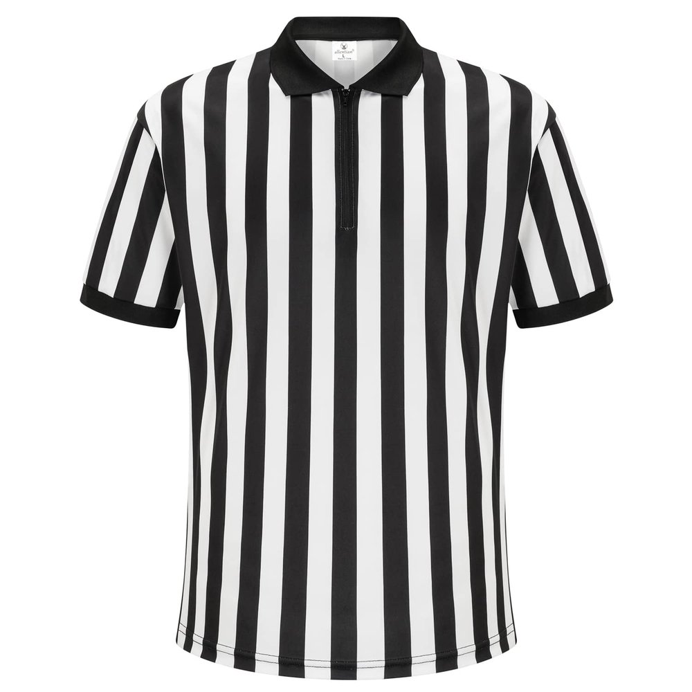 allentian Referee Shirt for Men, Official Black & White Stripe Referee/Umpire Jersey, Pro-Style Zipper-Neck Referee Uniform, Basketball, Football, Soccer Ref Shirt (M)