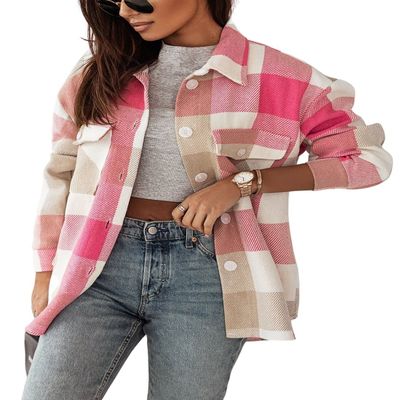 happlan Women's Flannel Plaid Button Down Shacket Shirt Jacket Cardigan Oversized(0376-ZPink-S)