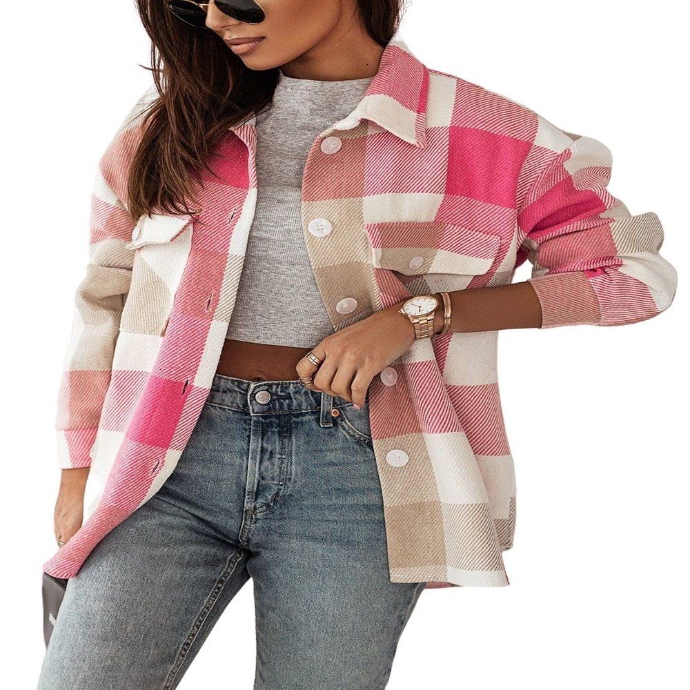happlan Women's Flannel Plaid Button Down Shacket Shirt Jacket Cardigan Oversized(0376-ZPink-S)