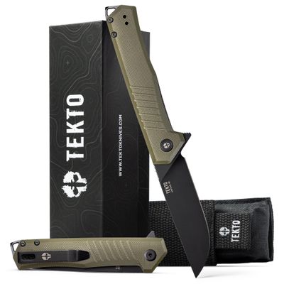 F1 Alpha Folding Pocket Knife - Modified Straight Back Blade, Titanium Coated D2 Steel, Ideal for Outdoor Camping and Backpacking, Tactical G10 OD Green Handle, Black Titanium Accents