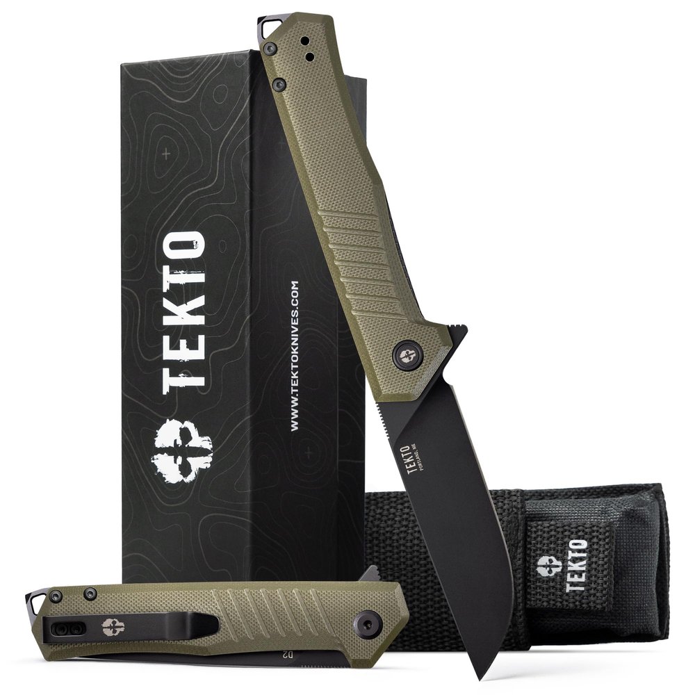F1 Alpha Folding Pocket Knife - Modified Straight Back Blade, Titanium Coated D2 Steel, Ideal for Outdoor Camping and Backpacking, Tactical G10 OD Green Handle, Black Titanium Accents