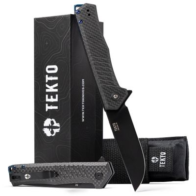 TEKTO F1 Alpha Folding Pocket Knife - Modified Straight Back Blade,Titanium Coated D2 Steel, Ideal for Outdoor Camping and Backpacking, Tactical Carbon Fiber Handle, Blue Titanium Accents