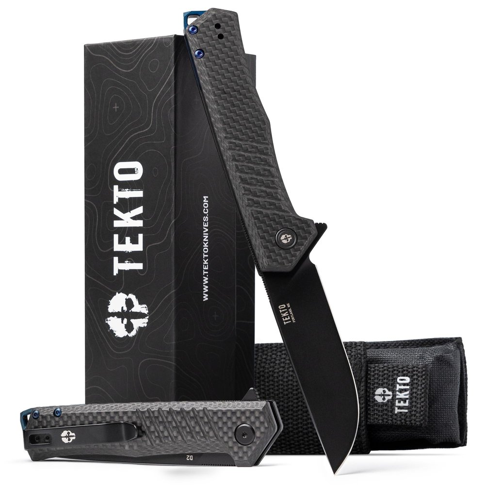 TEKTO F1 Alpha Folding Pocket Knife - Modified Straight Back Blade,Titanium Coated D2 Steel, Ideal for Outdoor Camping and Backpacking, Tactical Carbon Fiber Handle, Blue Titanium Accents