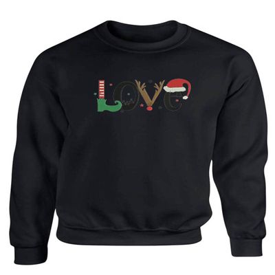 ALLNTRENDS Christmas Symbols Love Sweater Embroidered Santa Hat Elf Reindeer Sweatshirt (M, Black)