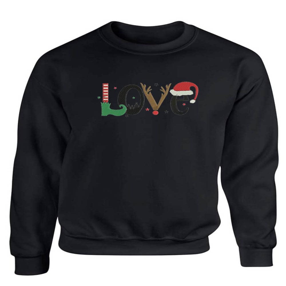 ALLNTRENDS Christmas Symbols Love Sweater Embroidered Santa Hat Elf Reindeer Sweatshirt (M, Black)