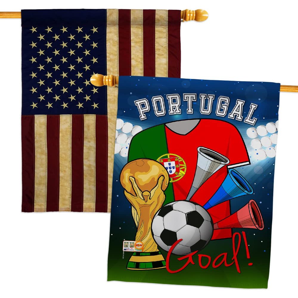 FIFA World Cup Portuguese Flags American Flag Banner Pack Patio Lawn Garden Patriotic Outdoor Decorations Indoor Tapestry Yard Signs Team Qatar Trophy Soccer Game Football Gifts Made In USA
