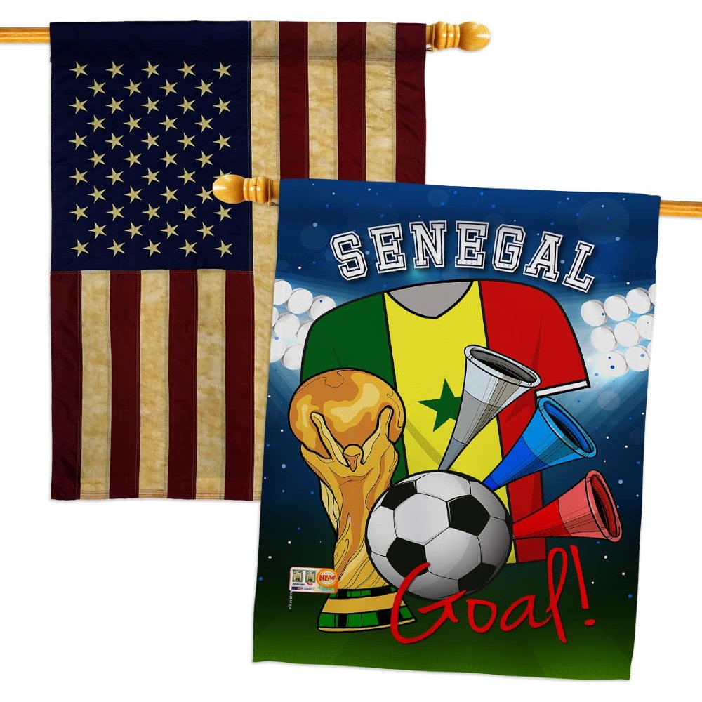 FIFA World Cup Senegalese Flags American Flag Banner Pack Patio Lawn Garden Patriotic Outdoor Decorations Indoor Tapestry Yard Signs Team Qatar Trophy Soccer Game Football Gifts Made In USA