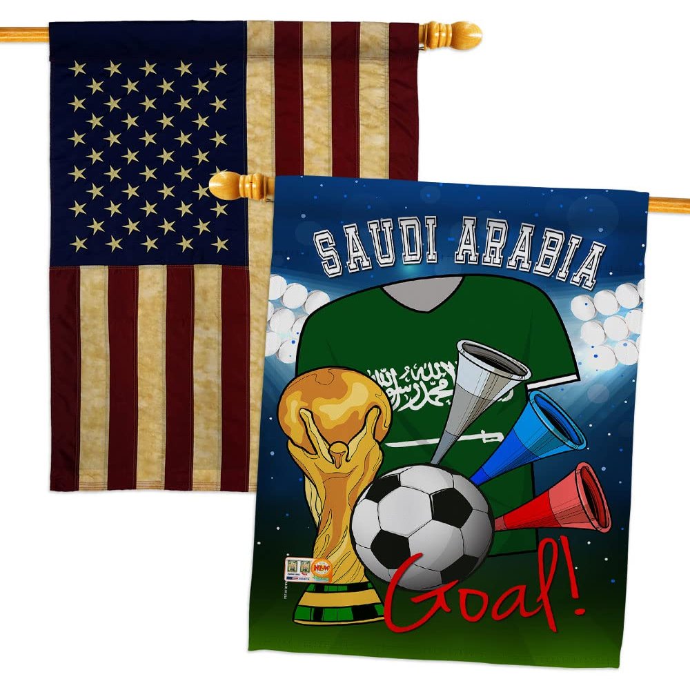 Ornament Collection FIFA World Cup Saudi American Flag Banner Pack Patio Lawn Garden Patriotic Outdoor Decorations Indoor Tapestry Yard Signs Team Qatar Trophy Soccer Game Football Gifts, Made in USA
