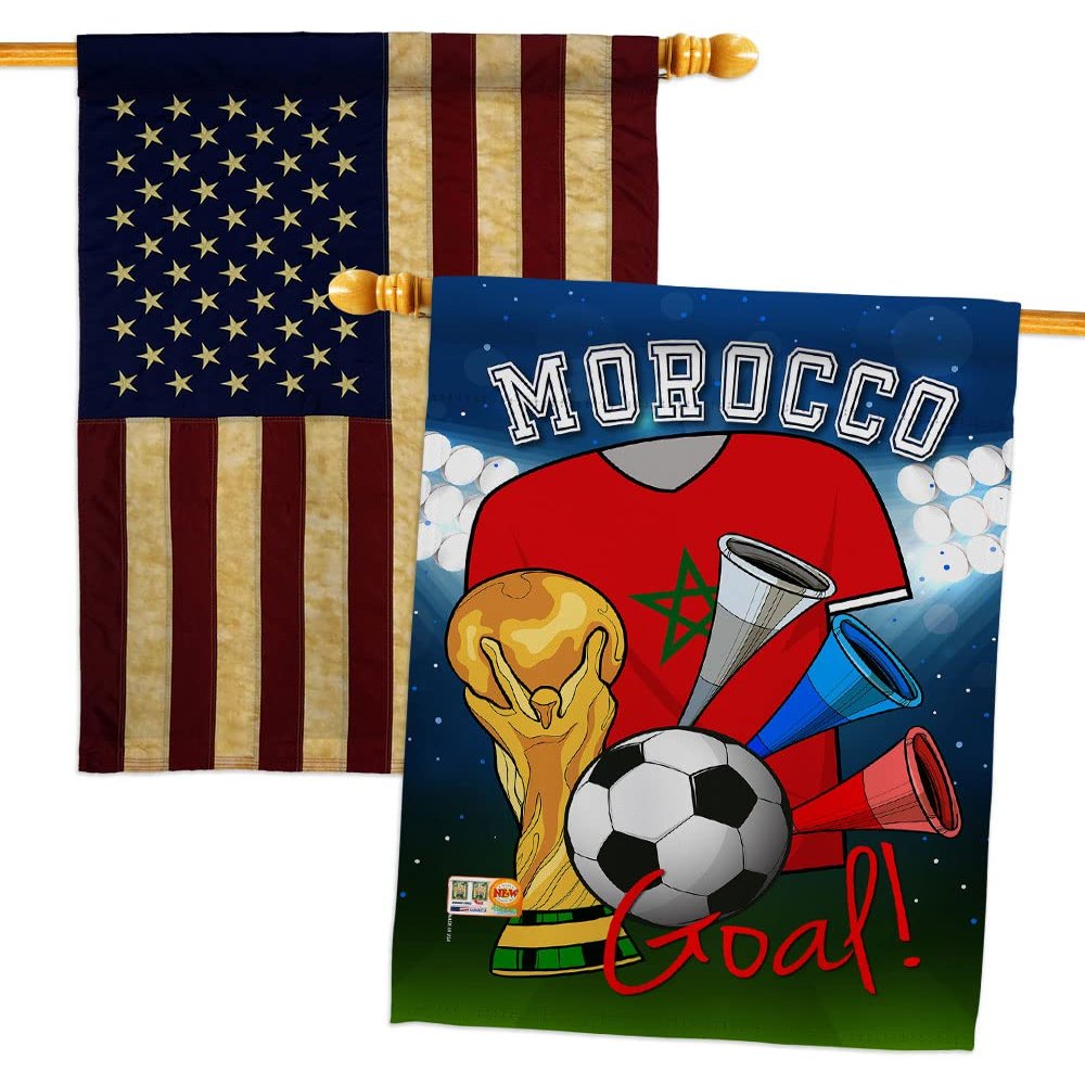 FIFA World Cup Moroccan Flags American Flag Banner Pack Patio Lawn Garden Patriotic Outdoor Decorations Indoor Tapestry Yard Signs Team Qatar Trophy Soccer Game Football Gifts Made In USA