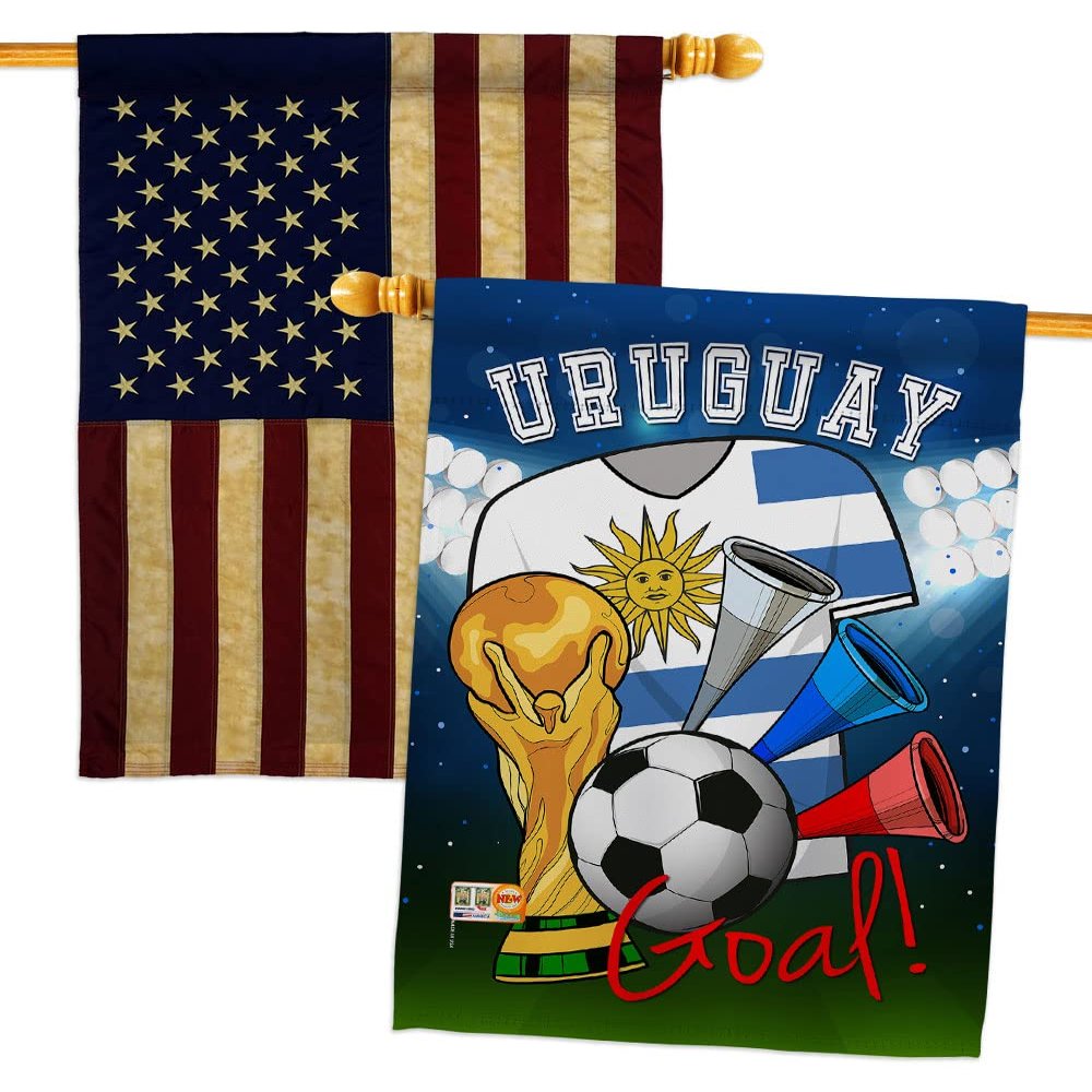 FIFA World Cup Uruguayan Flags American Flag Banner Pack Patio Lawn Garden Patriotic Outdoor Decorations Indoor Tapestry Yard Signs Team Qatar Trophy Soccer Game Football Gifts Made In USA
