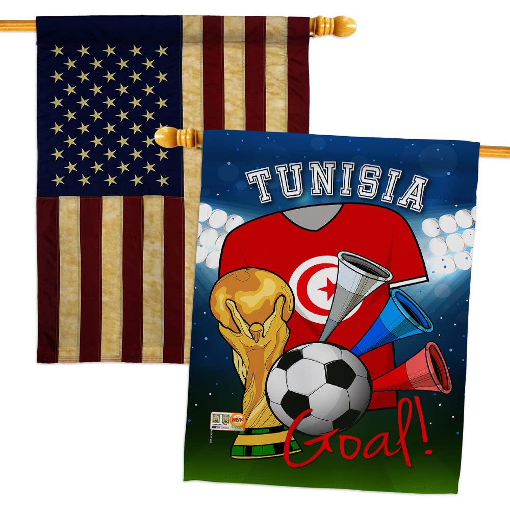 FIFA World Cup Tunisian Flags American Flag Banner Pack Patio Lawn Garden Patriotic Outdoor Decorations Indoor Tapestry Yard Signs Team Qatar Trophy Soccer Game Football Gifts Made In USA