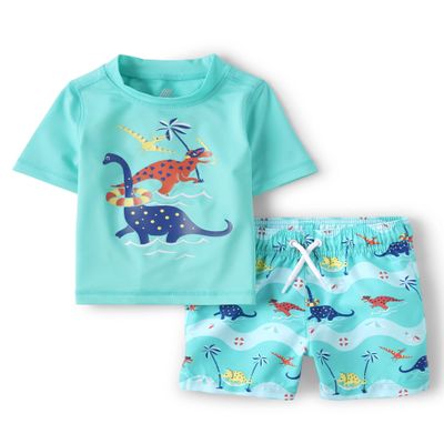 The Children's Place Boys' and Toddler Swim Trunk and Short Sleeve Rashguard 2-Piece Set, Dino Beach Day, 6-9 Months