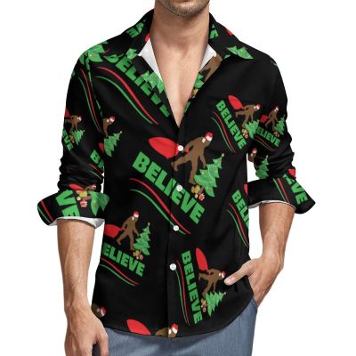 Christmas Bigfoot Sasquatch Men's Shirt Long Sleeve Casual Button Down T-Shirt Blouse Tee Top 5XL