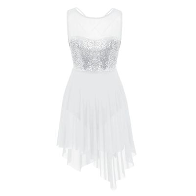 YiZYiF Women's Adult Sequins Lyrical Dance Costume Asymmetric High-Low Contemporary Dancing Dress White A Large