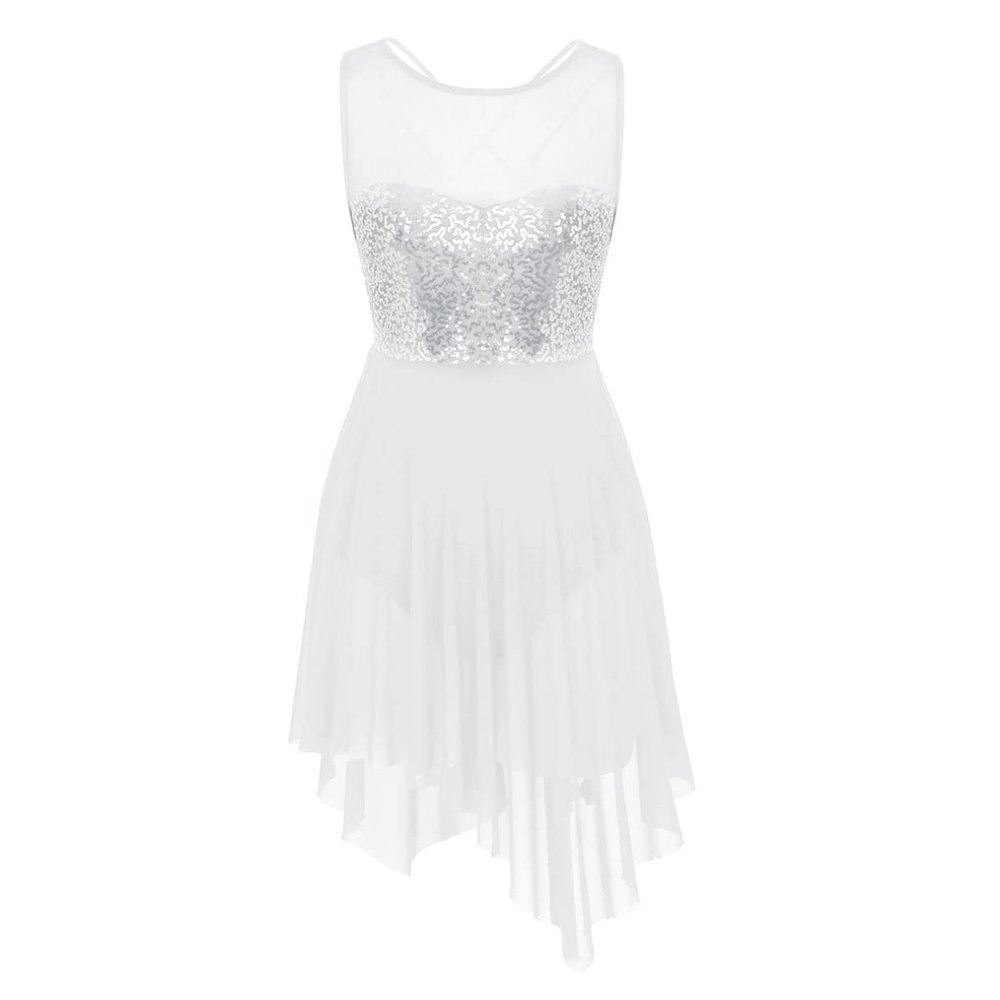 YiZYiF Women's Adult Sequins Lyrical Dance Costume Asymmetric High-Low Contemporary Dancing Dress White A Large