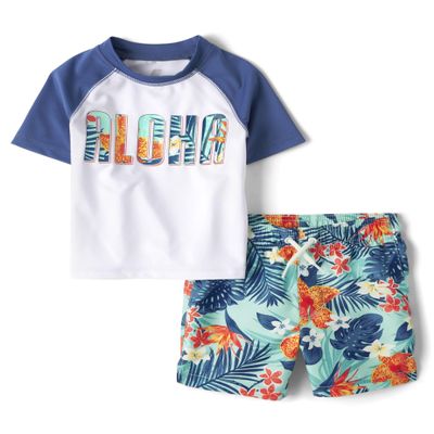 The Children's Place Baby Boys and Toddler Short Sleeve Rashguard Swimsuit, 2 Piece Rash Guard Set, Hawaiian Tropic, 6-9 Months US