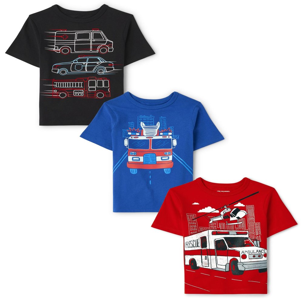 The Children's Place Baby Boy's and Toddler Sports,Cars, Short Sleeve Graphic T-Shirts,3 Pack, Firetuck/Ambulance/Trucks, 18-24 M/M