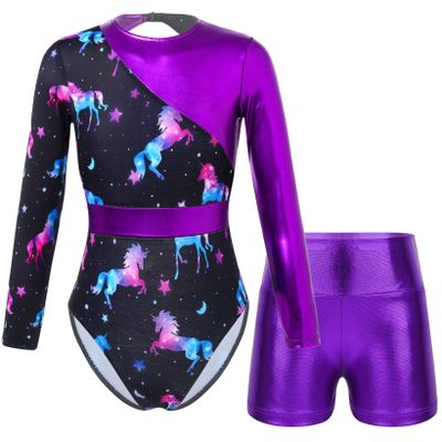 Hansber Big Girls Athletic Biketard Metallic Cutout Back Gymnastics Leotard with Shorts Dance Outfit Purple 14 Years