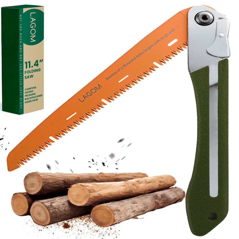 LAGOM Folding Camp Saw for Cutting Branches, 11.4" Straight Blade | SK5 Steel, Ergonomic Handle, One-Hand Use, Secure Lock | Foldable Pruning Tool for Camping, Gardening, Survival, Kayaking, Outdoors