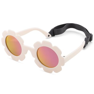 Bouryo Flexible Baby Polarized Flower Sunglasses with Strap Bendable Frame for Infant Boys Girls Ages 0-24 Months (A1 Matte White/Purple Red Mirror)