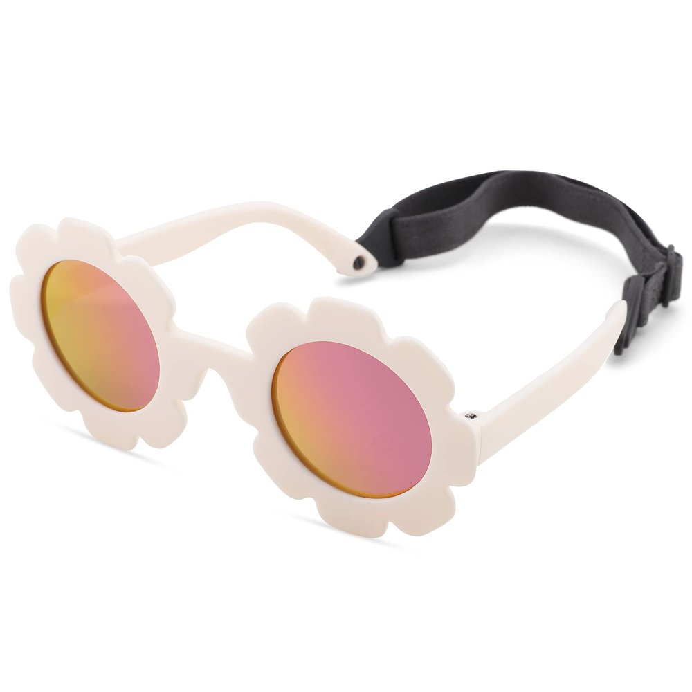 Bouryo Flexible Baby Polarized Flower Sunglasses with Strap Bendable Frame for Infant Boys Girls Ages 0-24 Months (A1 Matte White/Purple Red Mirror)