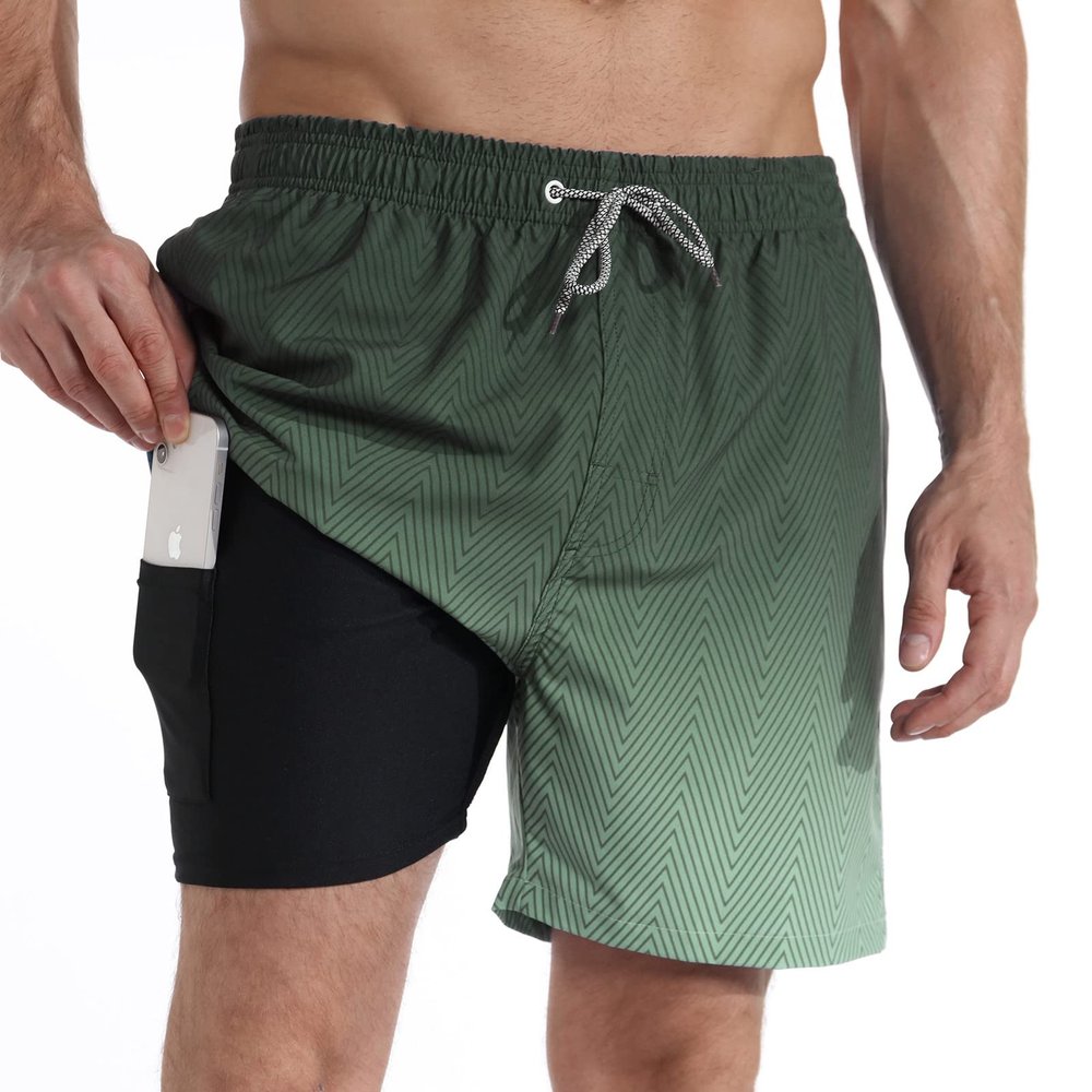 zeetoo Mens Swim Trunks with Compression Liner 5.5" Inseam Shorts Bathing Suit Quick Dry Swimsuit Gradient-Olive L